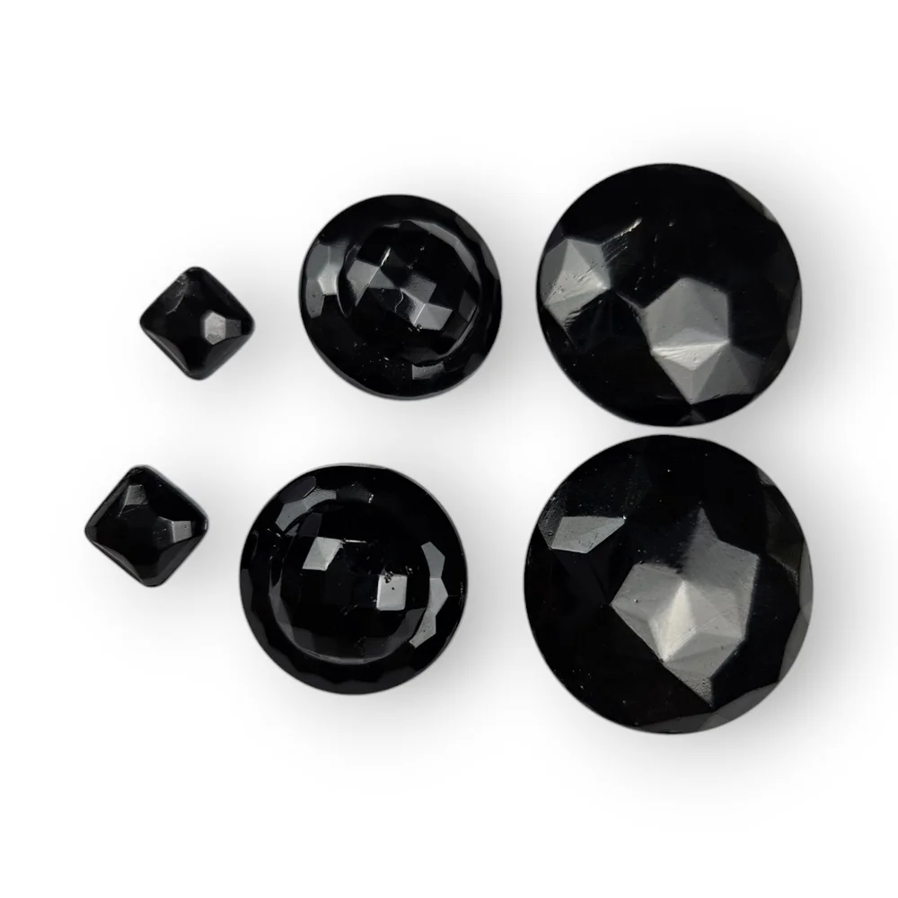 Antique Victorian Buttons Lot 6 Piece Faceted Black Glass Square Round 3 Sets